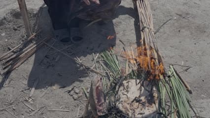 شواء سمك وخبز على القصب